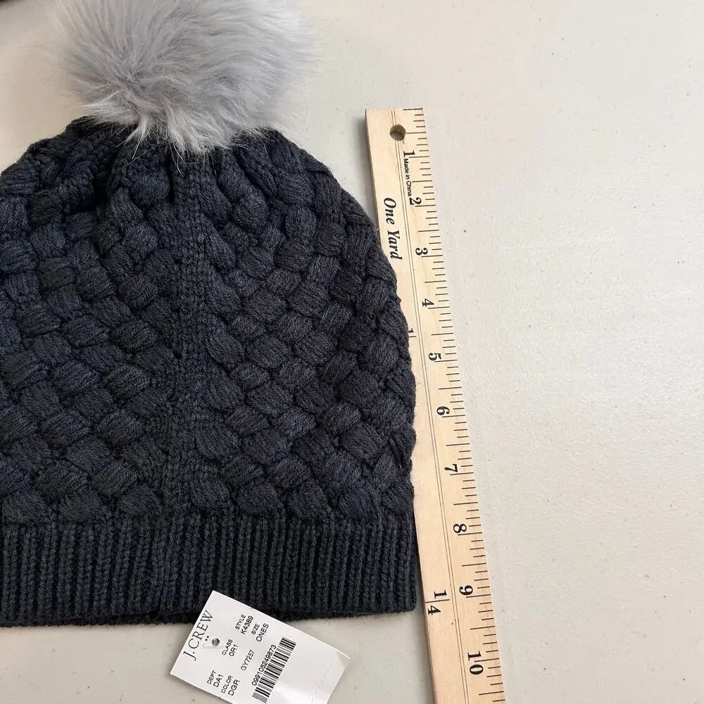 J. Crew Wool Cashmere Peacoat Gray PLUS Beanie Faux Fur Pom Basket Weave Cap